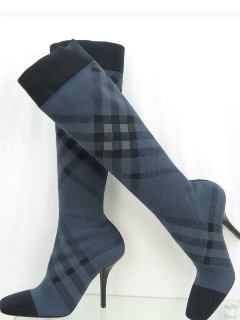 Burberry Navy Plaid Stretch Knit Knee-High Heeled Boots